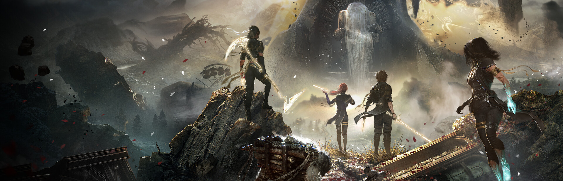 Key art for Clair Obscur: Expedition 33: four silhouettes facing a colossus in the mist.