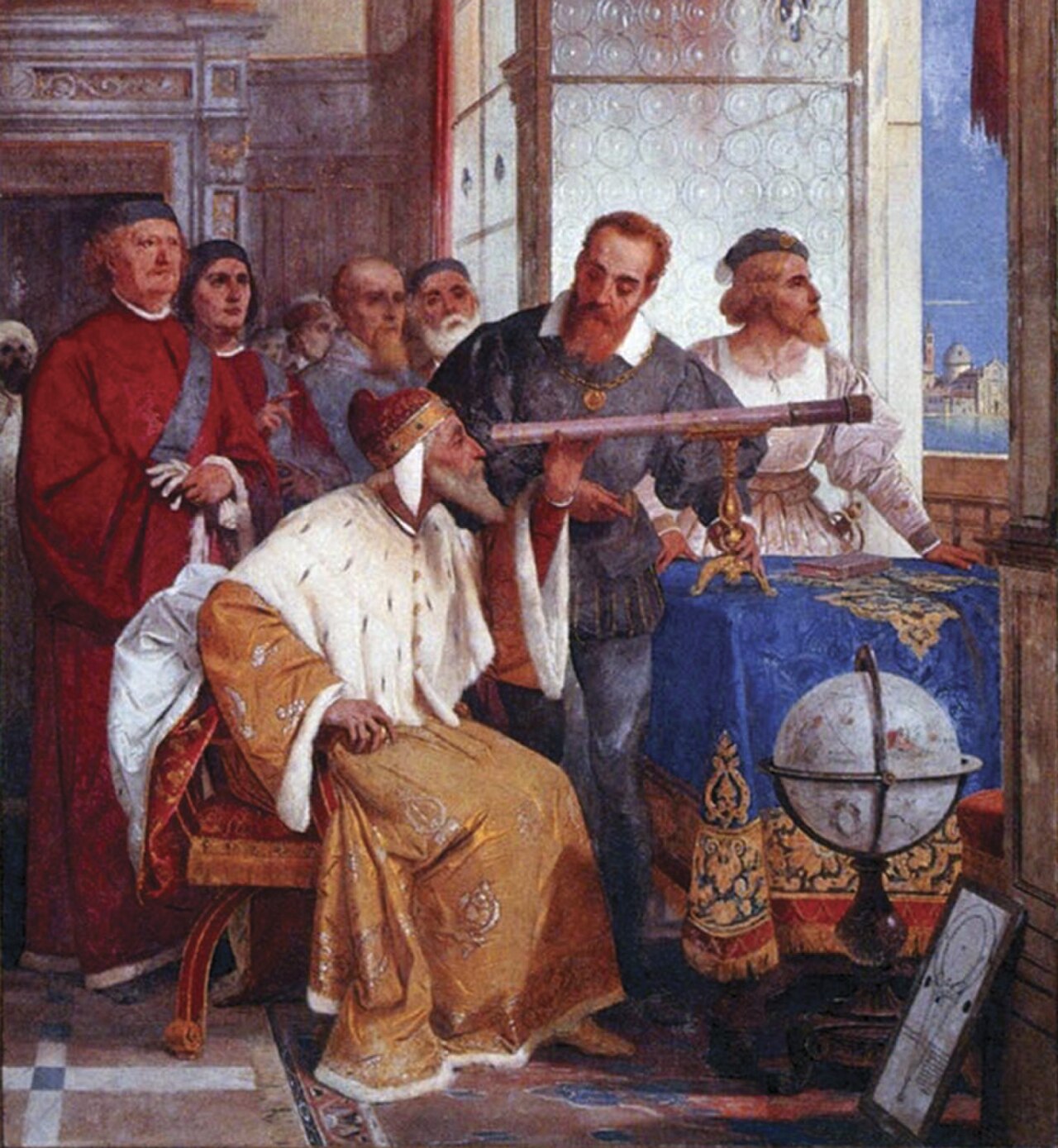 Fresco: Galileo showing the Doge of Venice how to use the telescope.
